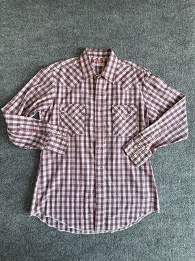 Vintage TEM TEX Plaid Western Shirt Pointed Yokes Red White Blue Size 16/34 XLT